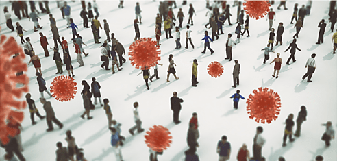 People walking in a crowd admits viruses representing COVID-19