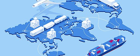 Illustration of international trade on a global map