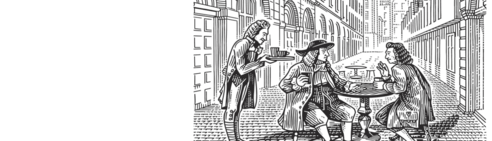 Two enlightenment philosophers talking at a table with a server