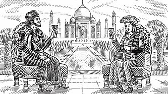 A royal man and woman drinking in front of the Taj Mahal