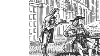 Two enlightenment philosophers talking at a table with a server
